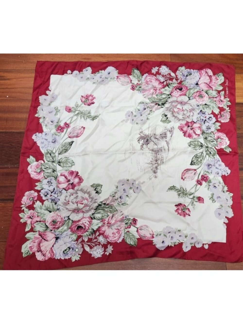 Umberto Sala Vintage Floral Silk Scarf Italy Burgundy Ivory Large Square 31"x30 - Picture 2 of 8